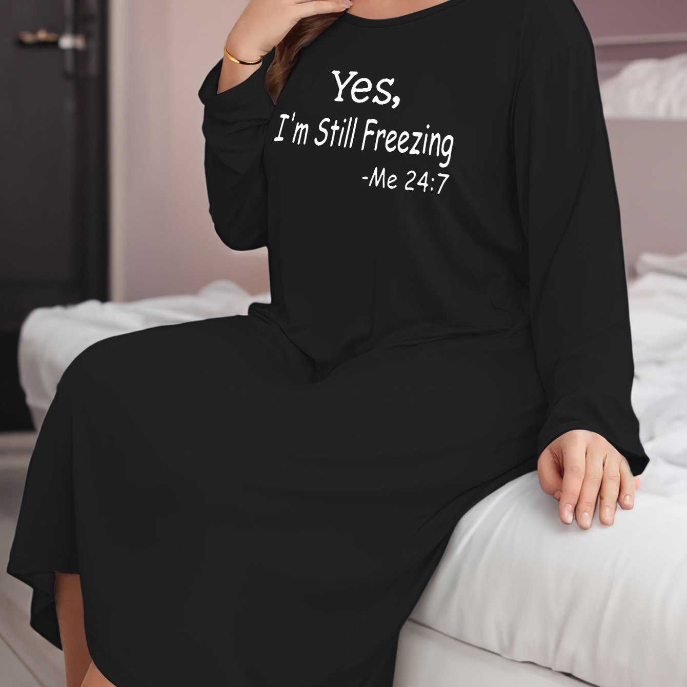  Slogan Print Lounge Dress Long Sleeve Round Neck Nightdress
