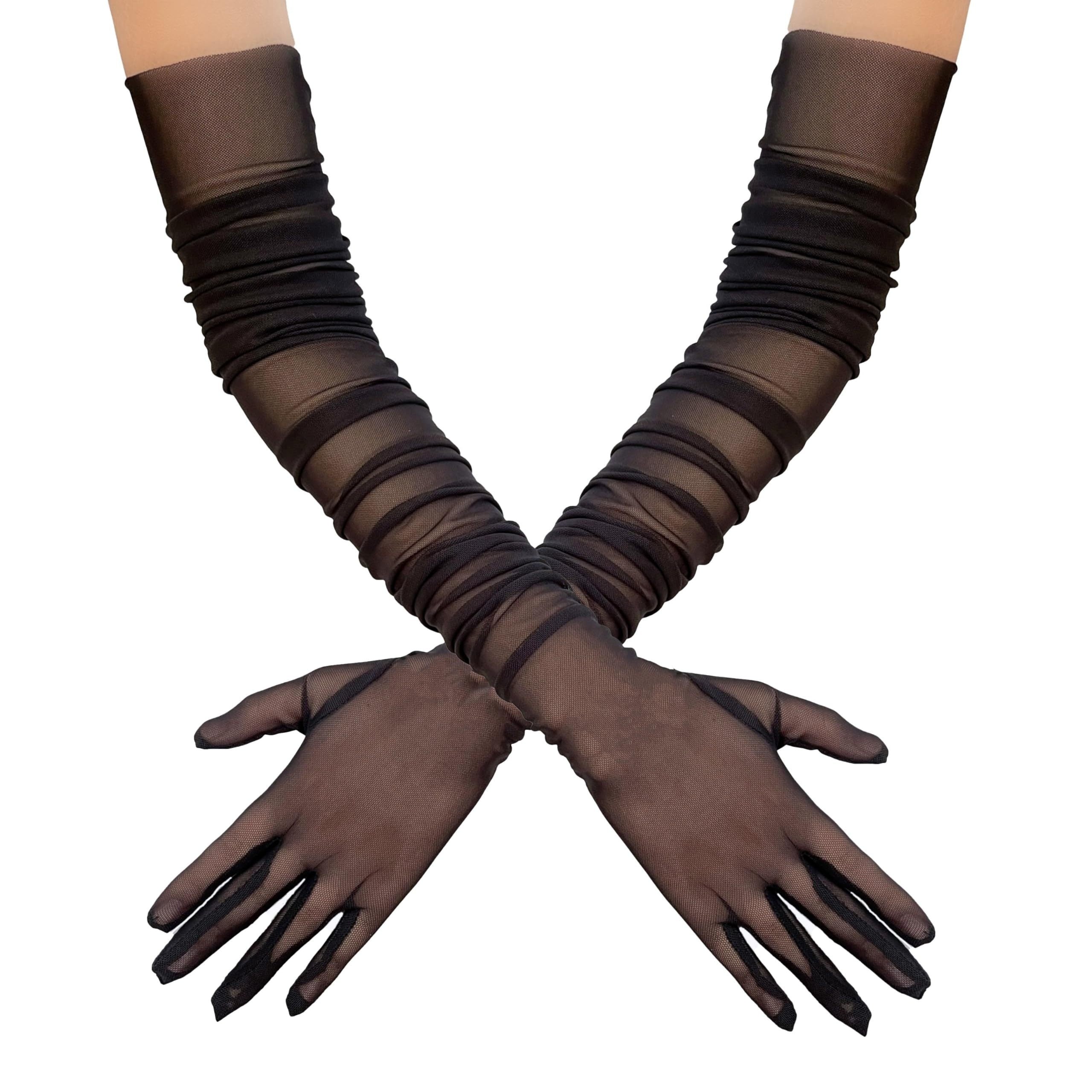 Evening Party Gloves Stretch Polyester Spandex Mesh Gloves with Transparent Lace