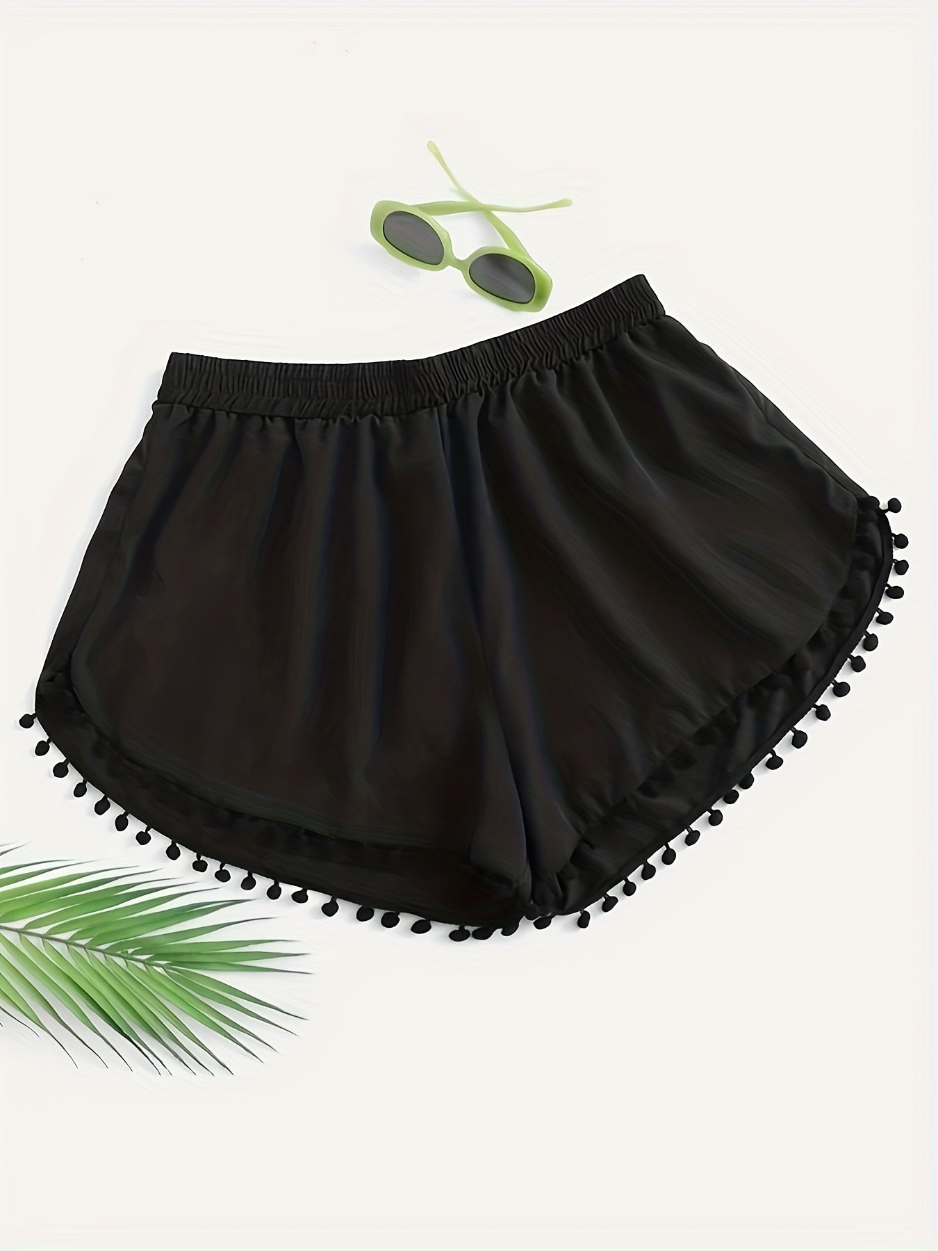  Vacay Shorts Women's Plus Elastic Pompom Trim Stretch Shorts