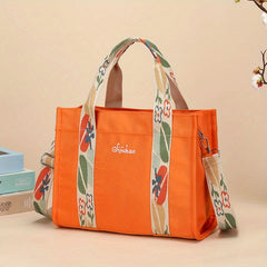 Canvas Tote Handbag with Flower Print Strap