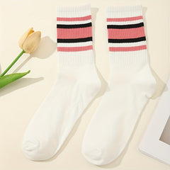 6 Pairs Striped Crew Socks College Style Women's Stockings