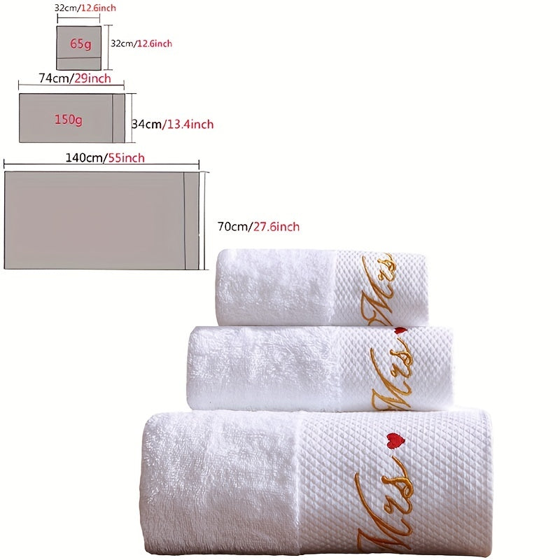 3pcs Love Embroidery Cotton Towel Set Soft Skin-friendly Bathroom & Hotel