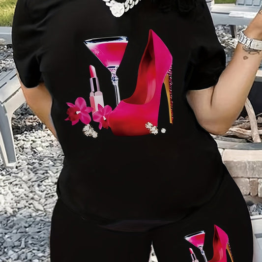  Heels & Wine Print Tee & Shorts Set
