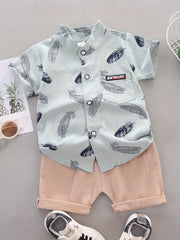 2pcs Baby Boys Feather Print Shirt & Shorts Set Cotton Casual Clothes