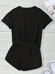 Letter Print Short Sleeve T shirt & Drawstring Waist Shorts Set