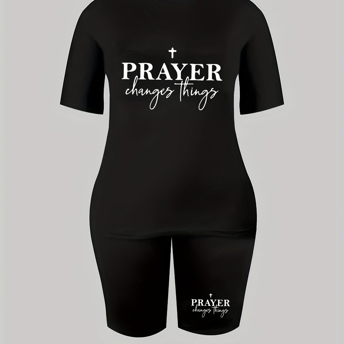  2 Piece Set Women's Cross & Slogan Print Top & Shorts