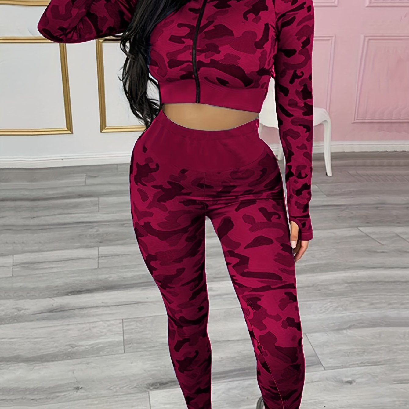  Camo Print Long Sleeve Crop Top & Leggings Set