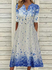  Floral Print Button Decor Short Sleeve Midi Dress