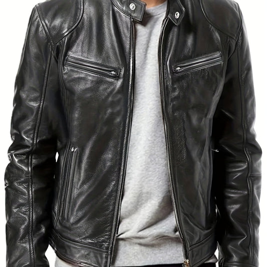 PU Biker Jacket Men's Casual Pockets Zip Up Stand Collar Faux Leather Jacket