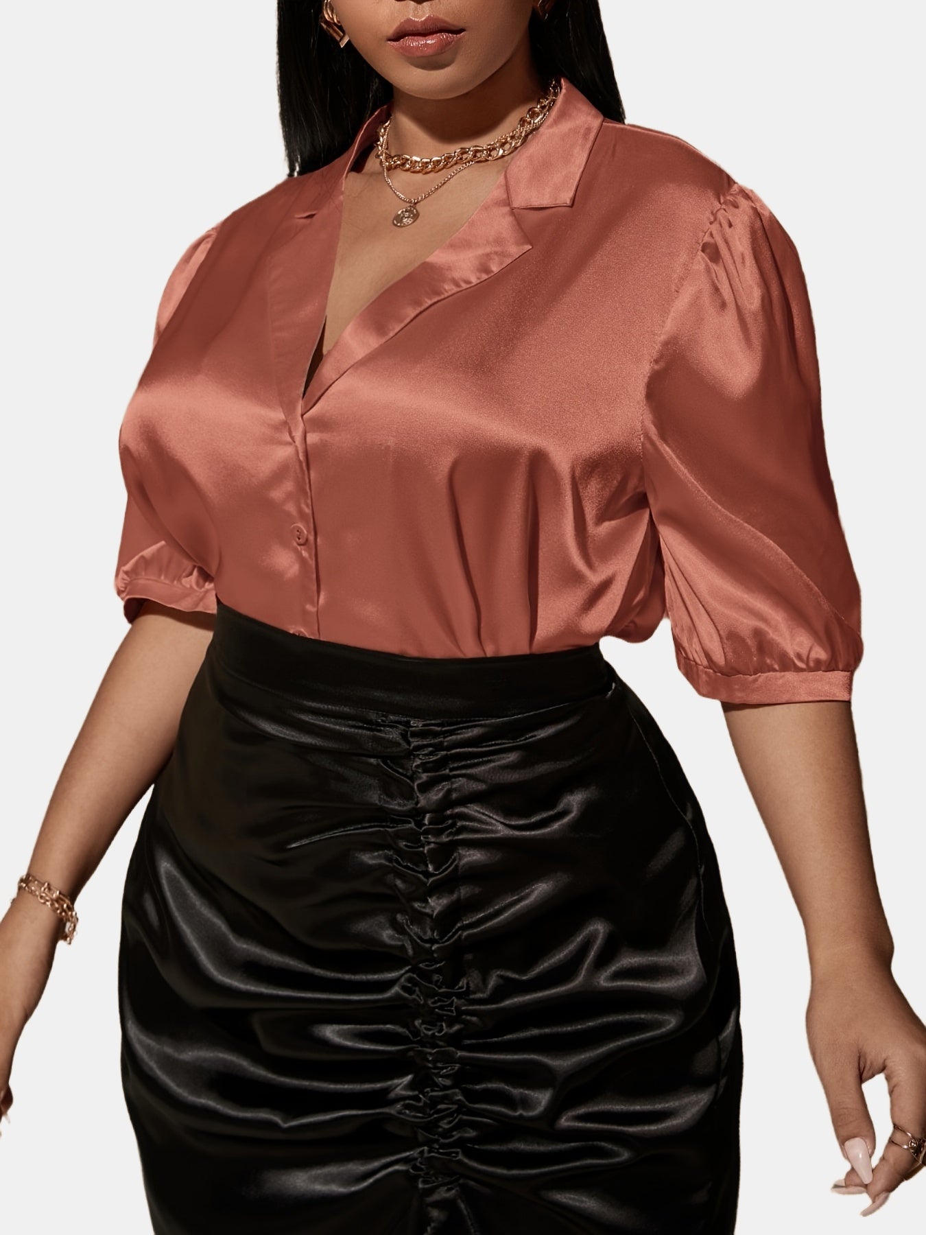  Satin Lapel Collar Short Sleeve Shirt Women's Plus Slight Stretch Shir