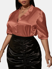  Satin Lapel Collar Short Sleeve Shirt Women's Plus Slight Stretch Shir