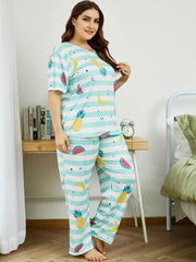  Striped & Fruit Print Pajama Set Short Sleeve T shirt & Pants