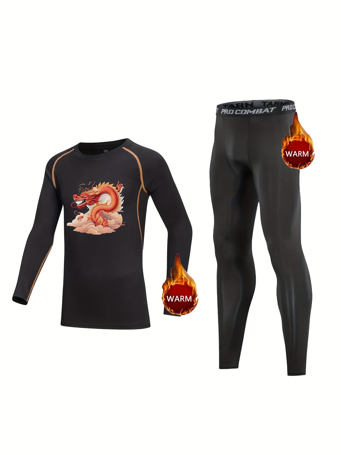 Kids Compression Fleece Sets Animal Pattern Crew Neck Shirt Elastic Waist Pants