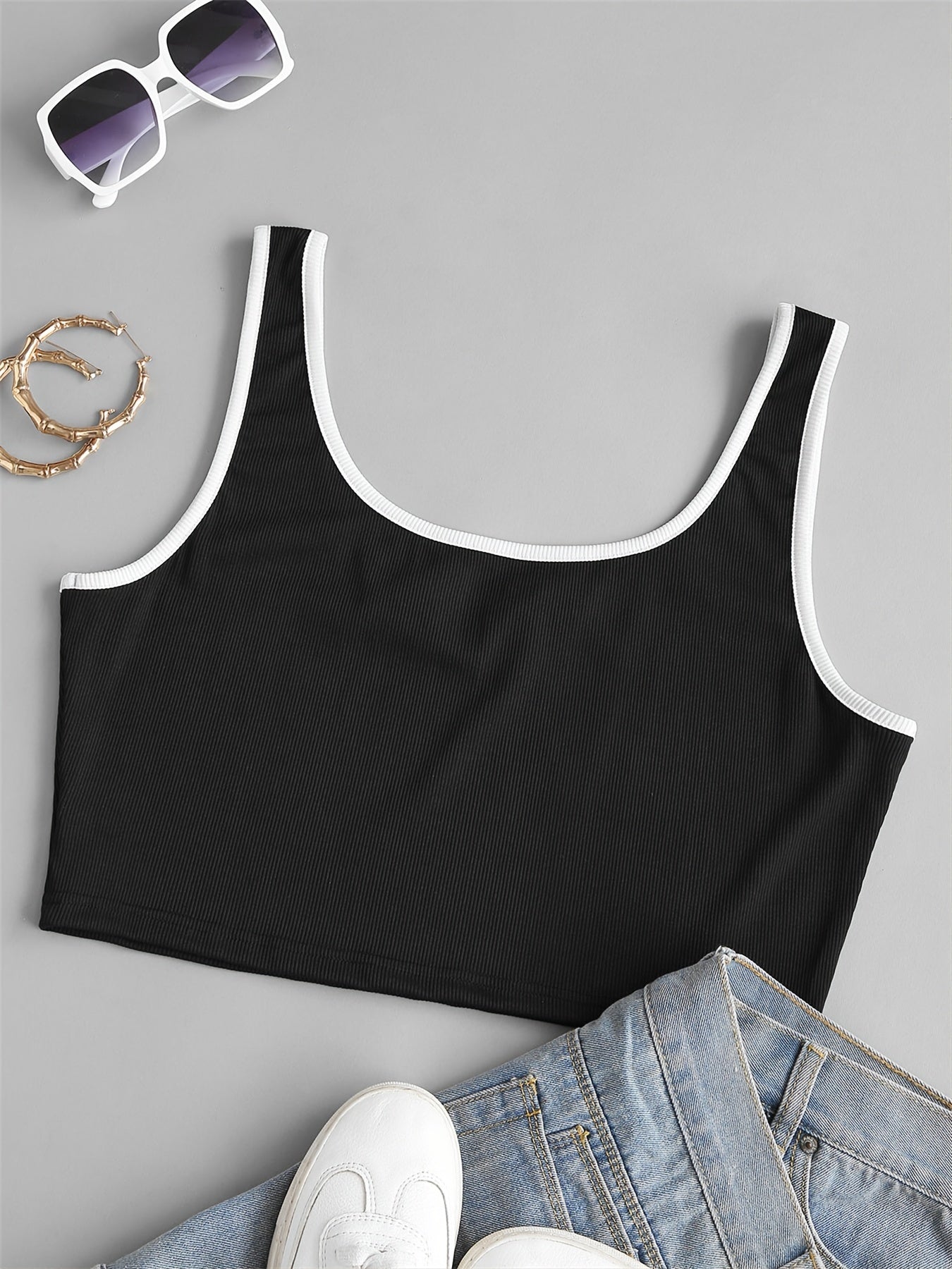  Y2K Colorblock Ribbed Notched Neck Crop Top Women's Plus