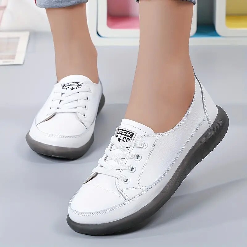 Women's Lace Up Flat Sneakers Low Top Shoes Soft Sole Faux Leather