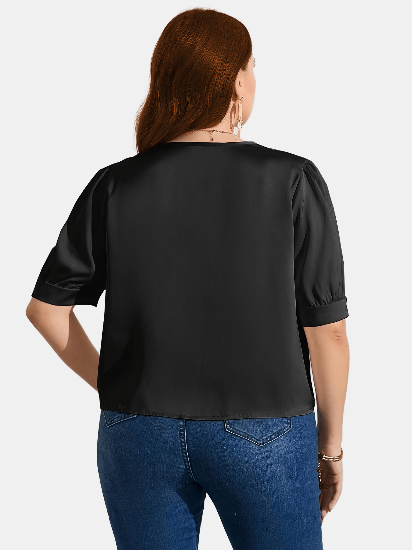  Satin Puff Sleeve V Neck Shirt Women's Plus