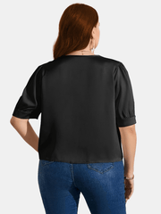  Satin Puff Sleeve V Neck Shirt Women's Plus