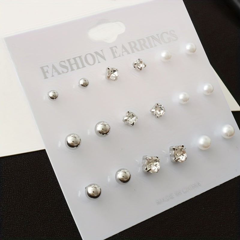 9 Pairs Round Faux Pearl Stud Earrings Set Silver Plated