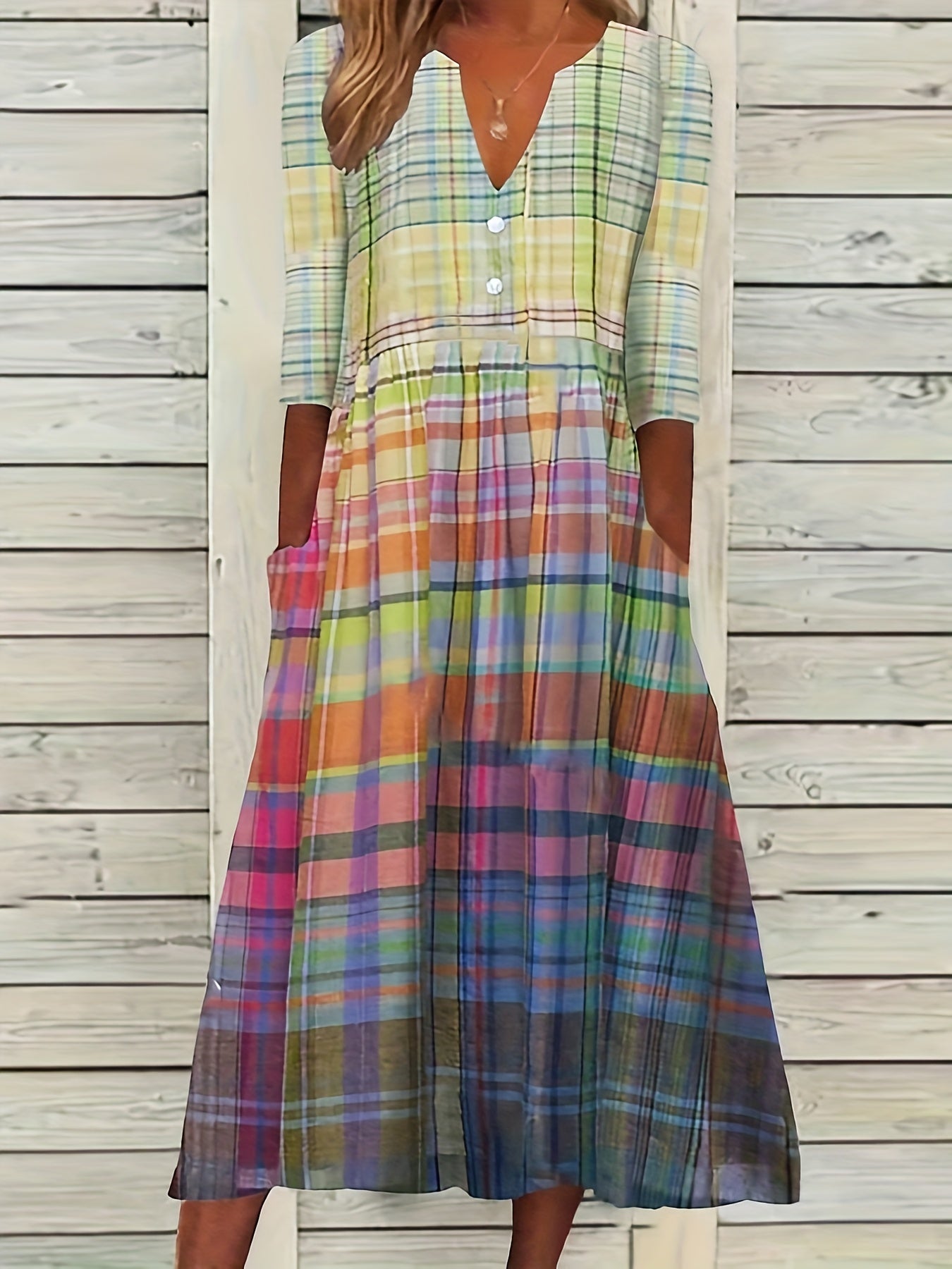  Ombre Plaid Print Notched Neck Dress