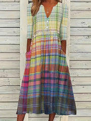  Ombre Plaid Print Notched Neck Dress