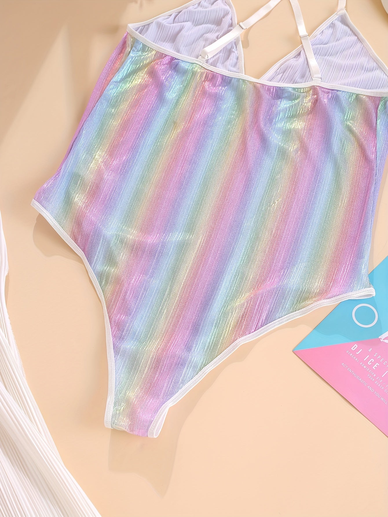  Rainbow Striped Crisscross Back Teddy Bodysuit