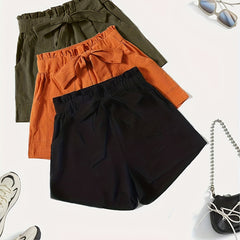 3 Pack Women's Plus Size Elastic Belted Shorts Set