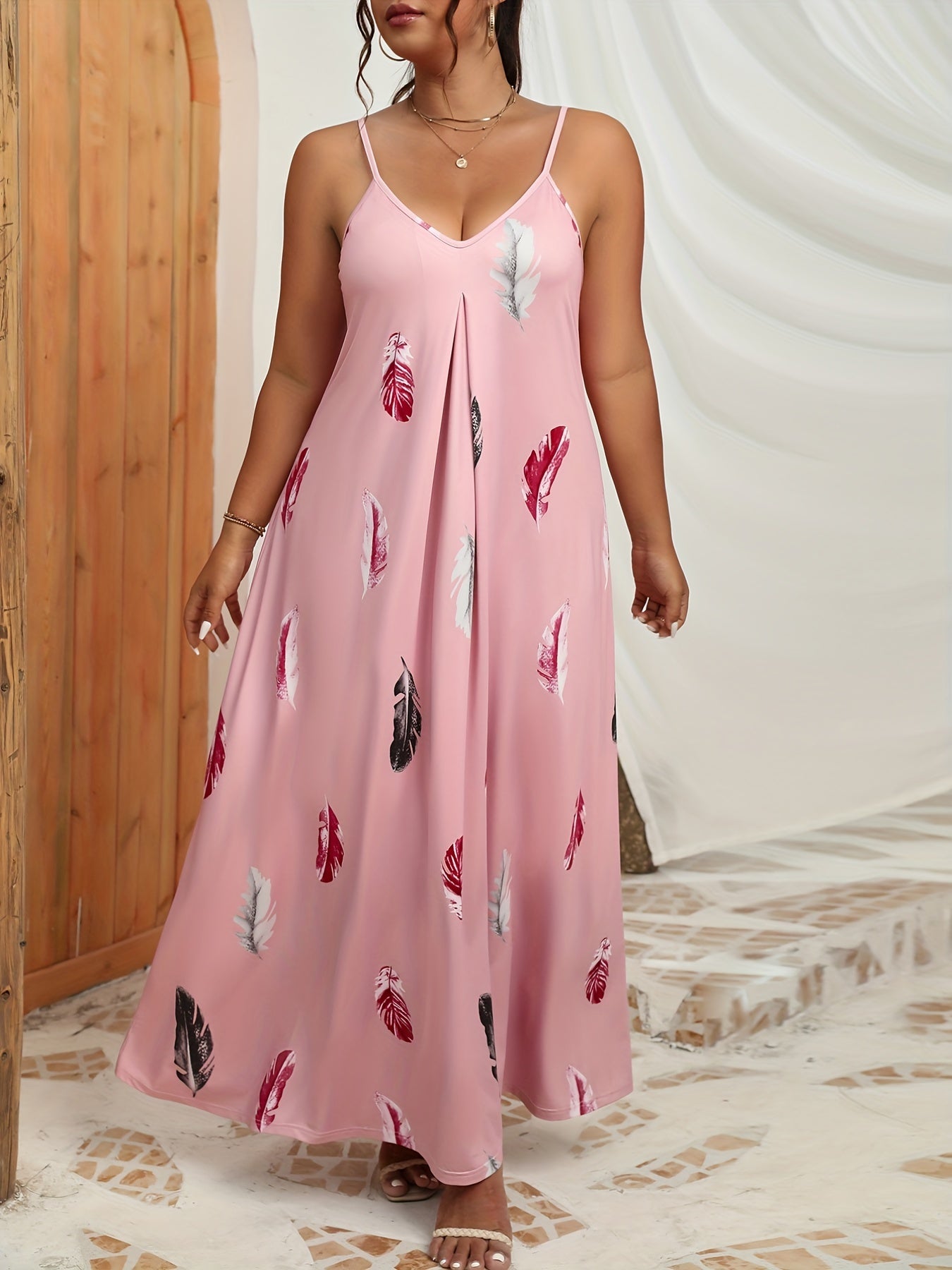  Feather Print V Neck Stretch Maxi Dress