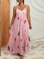  Feather Print V Neck Stretch Maxi Dress