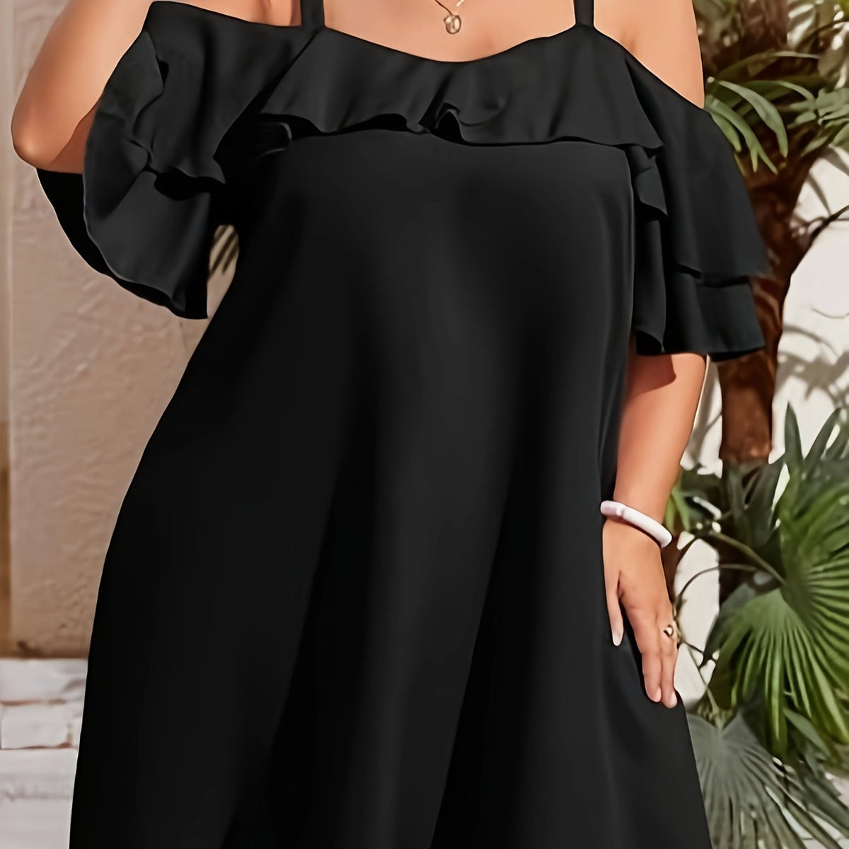  Solid Ruffle Trim Cold Shoulder Dress
