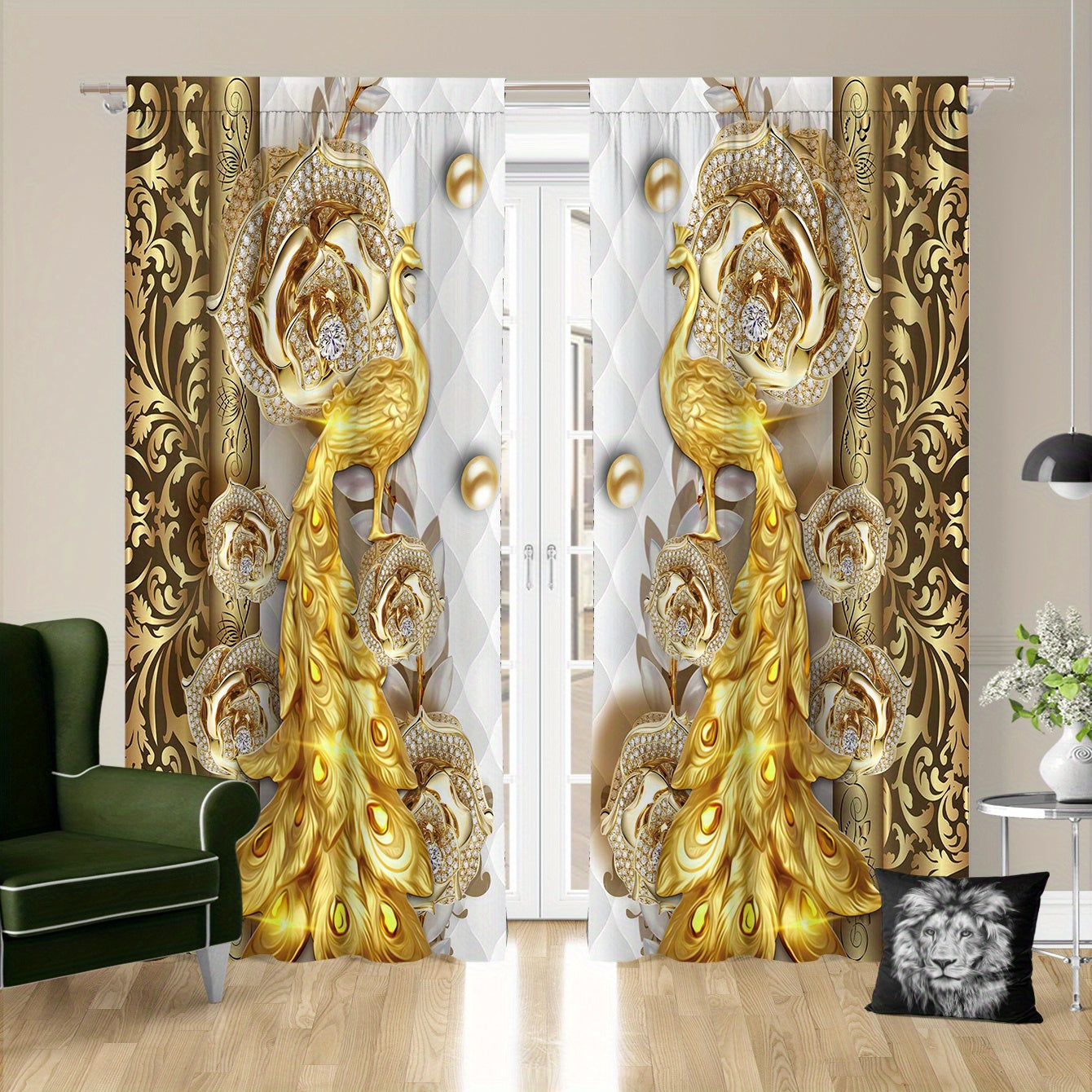 2pcs Golden Peacock Curtain Rod Pocket Top Window Drapes