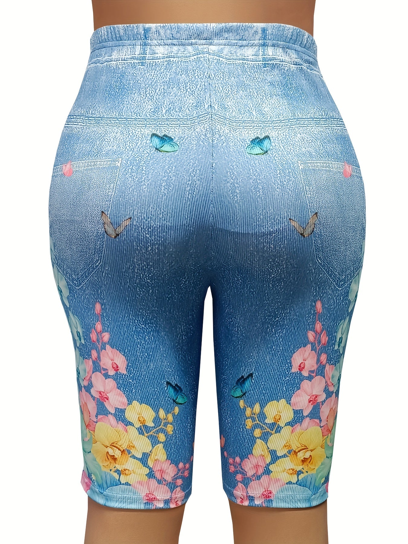  Denim & Butterfly Print High Rise Skinny Shorts