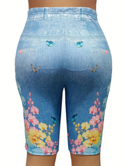  Denim & Butterfly Print High Rise Skinny Shorts