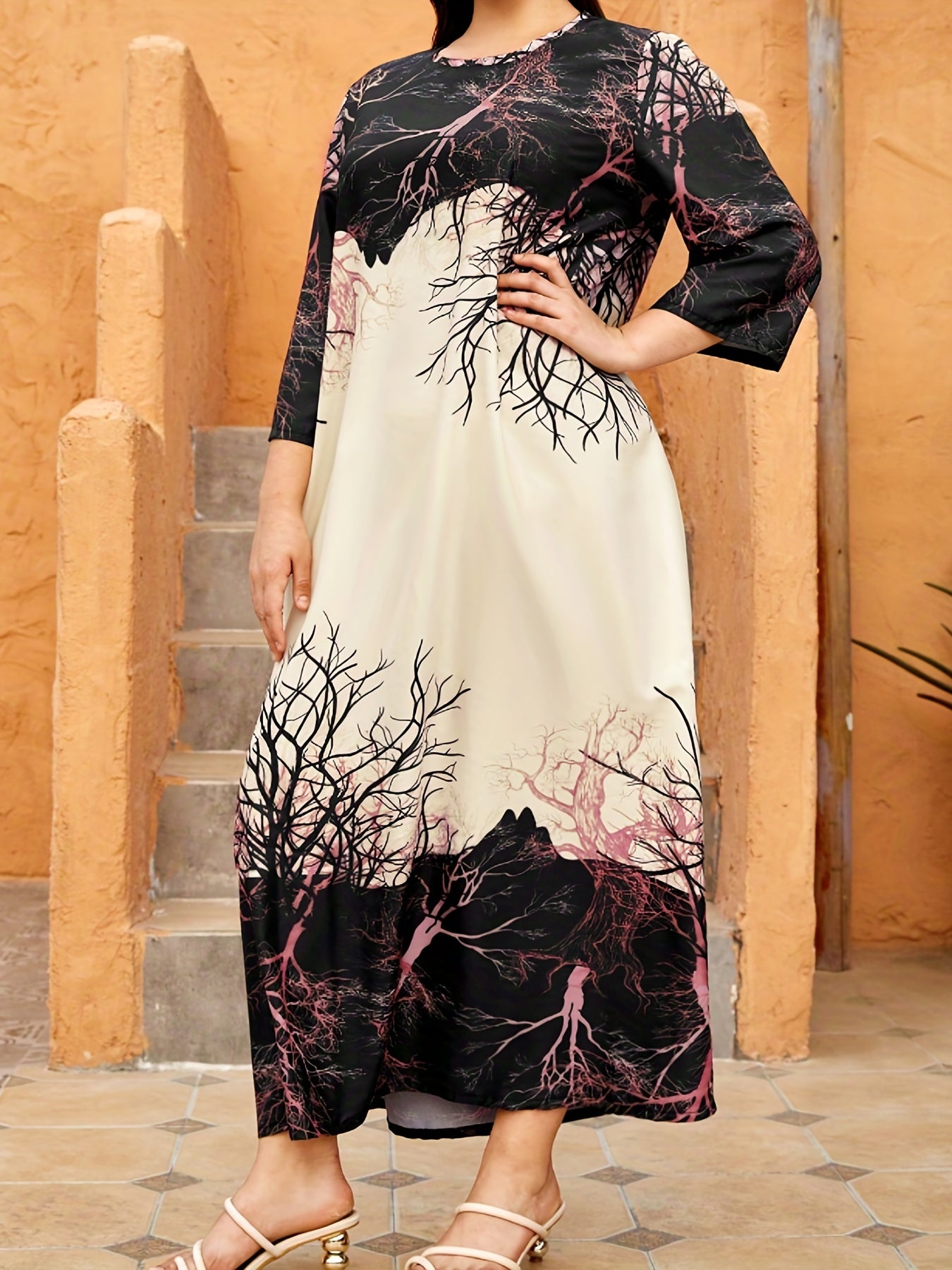  Colorblock Branch Print Maxi Dress