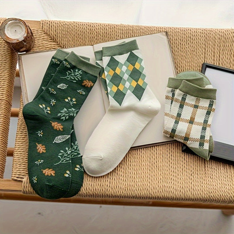 Floral & Plaid Print Socks - Women's Mid Tube Stockings