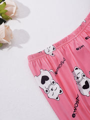 Cat Print Pajama Set Short Sleeve Top & Pants Women's Sleepwear