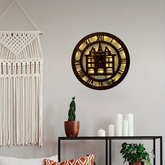 LED Lights Wooden Holiday Home Decoration Wall Hanging House Watch
