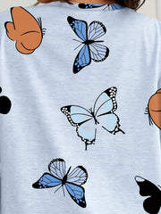  Butterfly Print Nightdress Short Sleeve Round Neck Sleep Dress