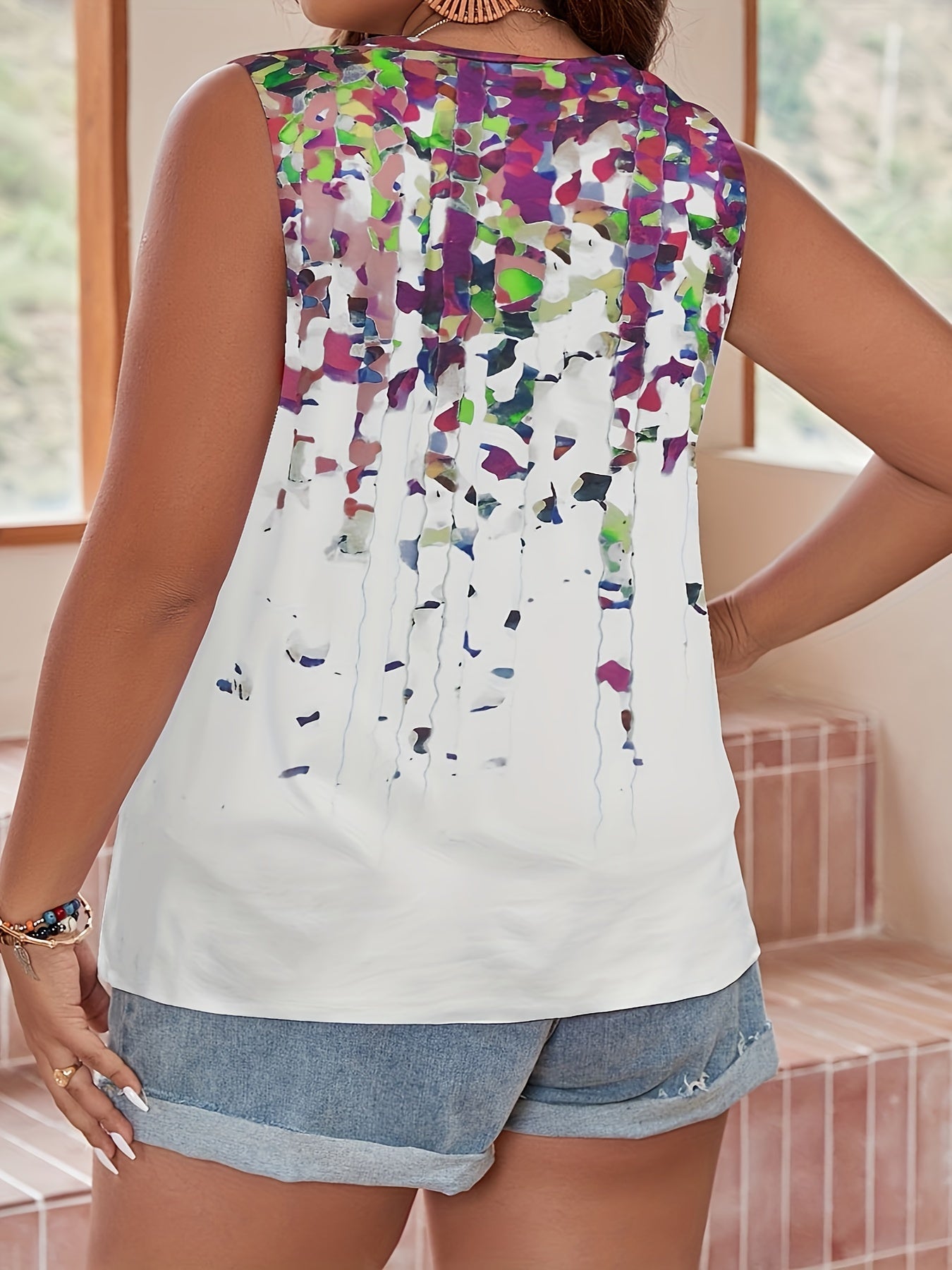  Casual Tank Top Women's Plus Random Print V Neck