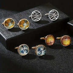 Men's French Cufflinks Tree Of Life World Map Sea Wave Striped Cufflinks