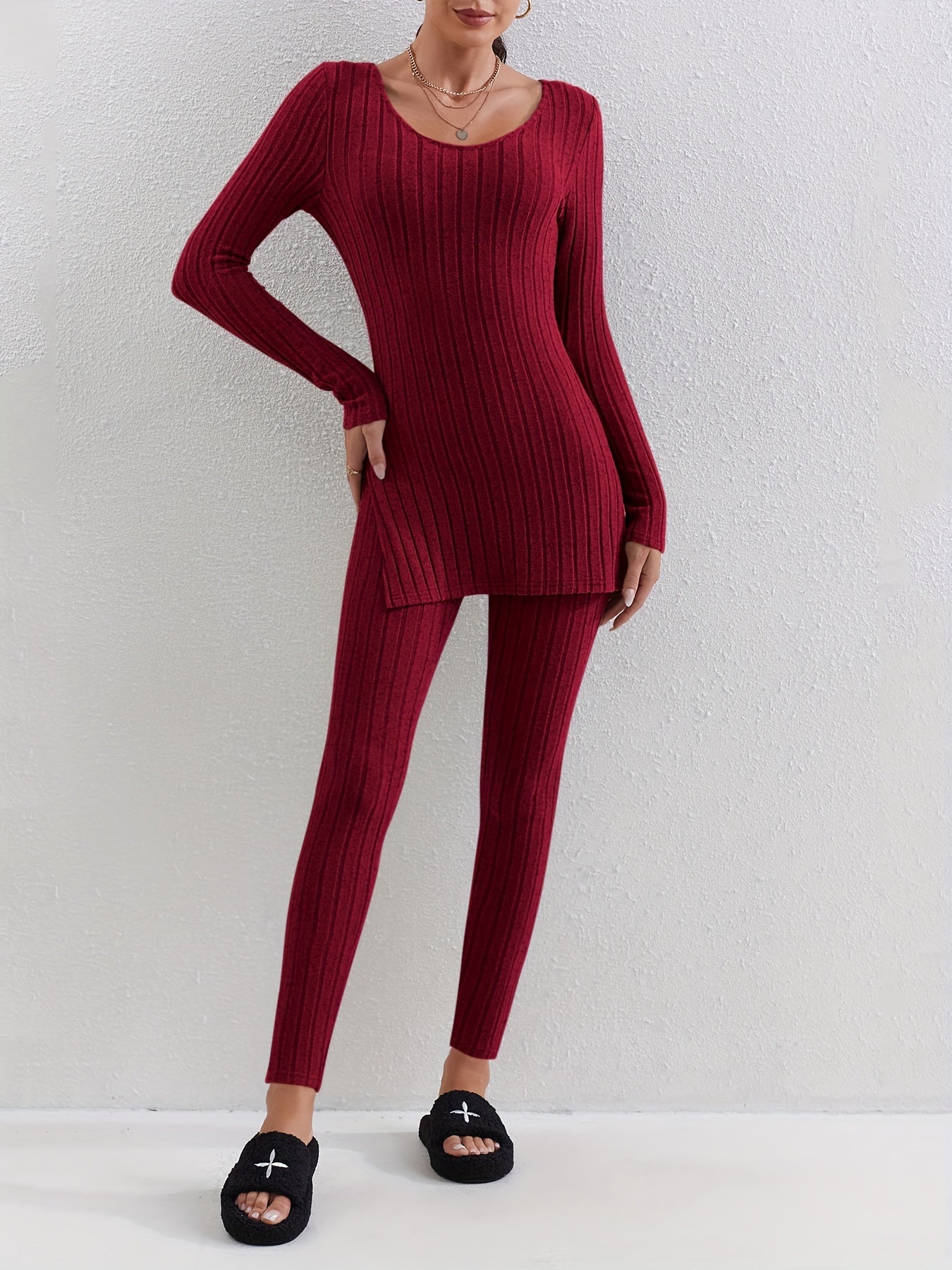 Ribbed Two piece Set Long Sleeve Side Split Top & Pants Outfits