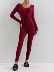 Ribbed Two piece Set Long Sleeve Side Split Top & Pants Outfits