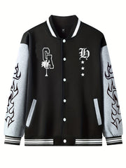 Men's Star Embroidery Varsity Jacket, Spring Fall School Baseball