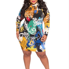  All Over Print Turtle Neck Long Sleeve Bodycon Midi Dress