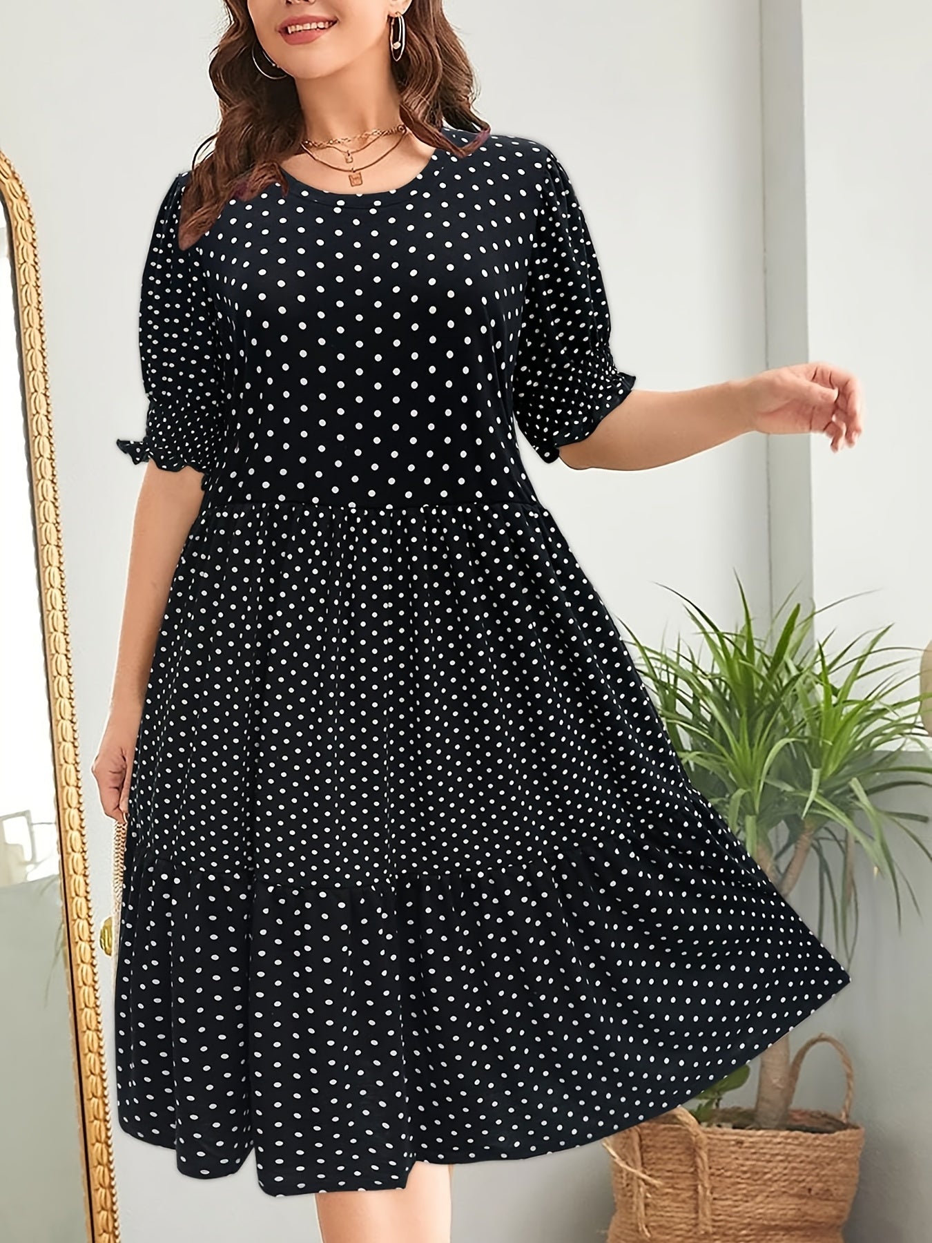  Dot Print Short Sleeve Layered Midi Dress Women's Plus Retro Dress