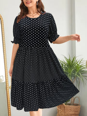  Dot Print Short Sleeve Layered Midi Dress Women's Plus Retro Dress