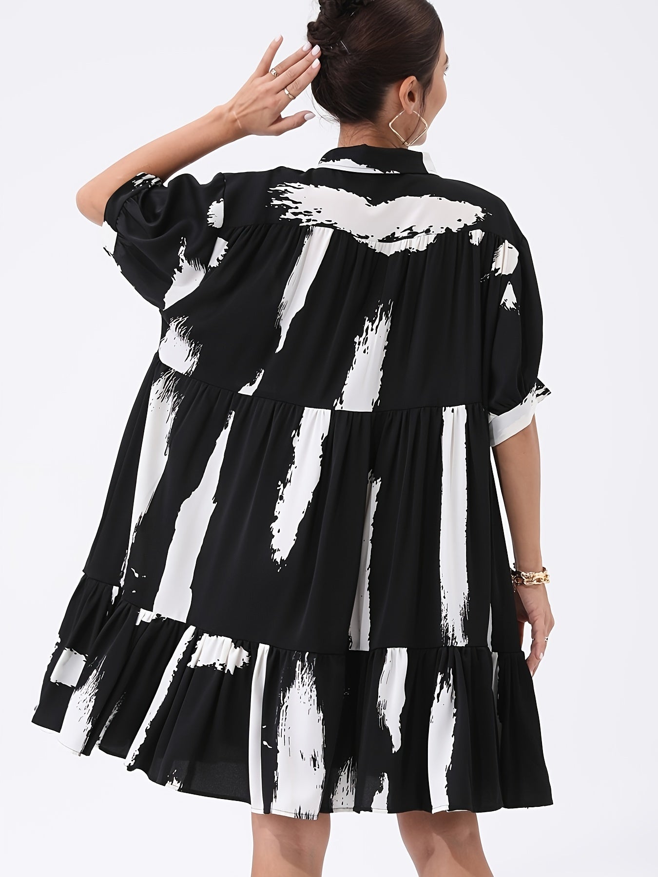  Casual Dress Women's Plus Brush Print Polo Neck Smock Dress