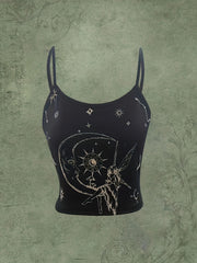 Fairy Sun Moon Print Cami Top Y2K Sleeveless Spaghetti Strap Summer
