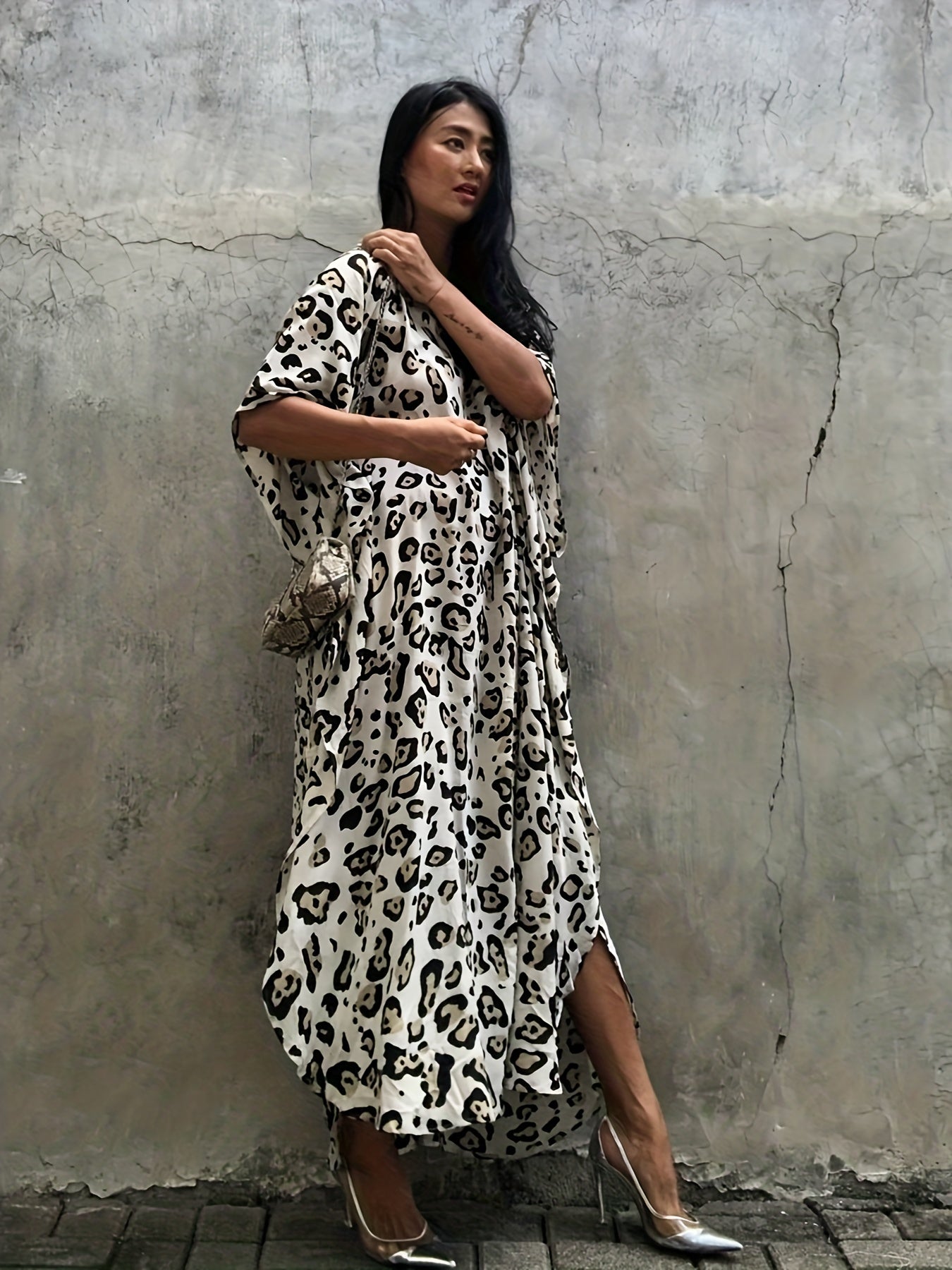  Boho Cover Up Leopard Print Batwing Sleeve V Neck Maxi