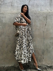  Boho Cover Up Leopard Print Batwing Sleeve V Neck Maxi