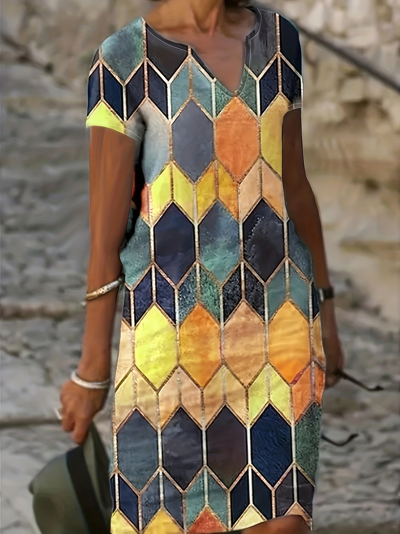  Geometric Print Short Sleeve Notched Neck Dress